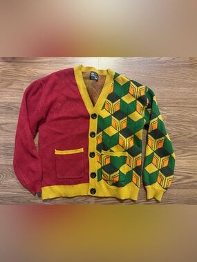 Geometric Colorblock V-Neck Cardigan Sweater - Red, Green & Yellow